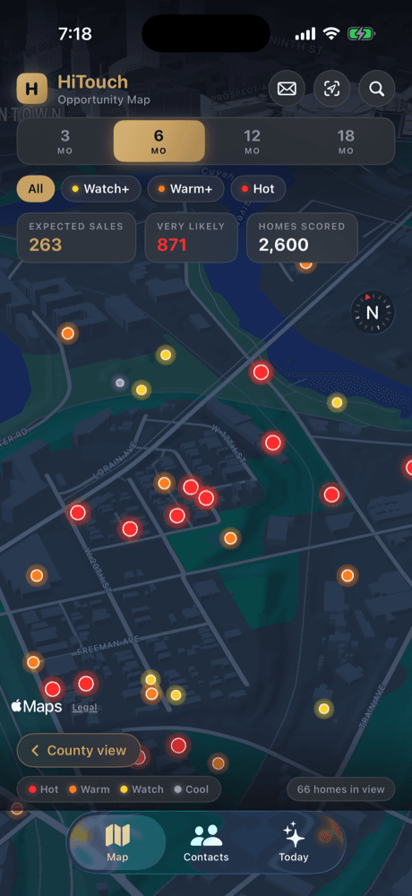 The Opportunity Map at street level, with Hot and Warm homes marked